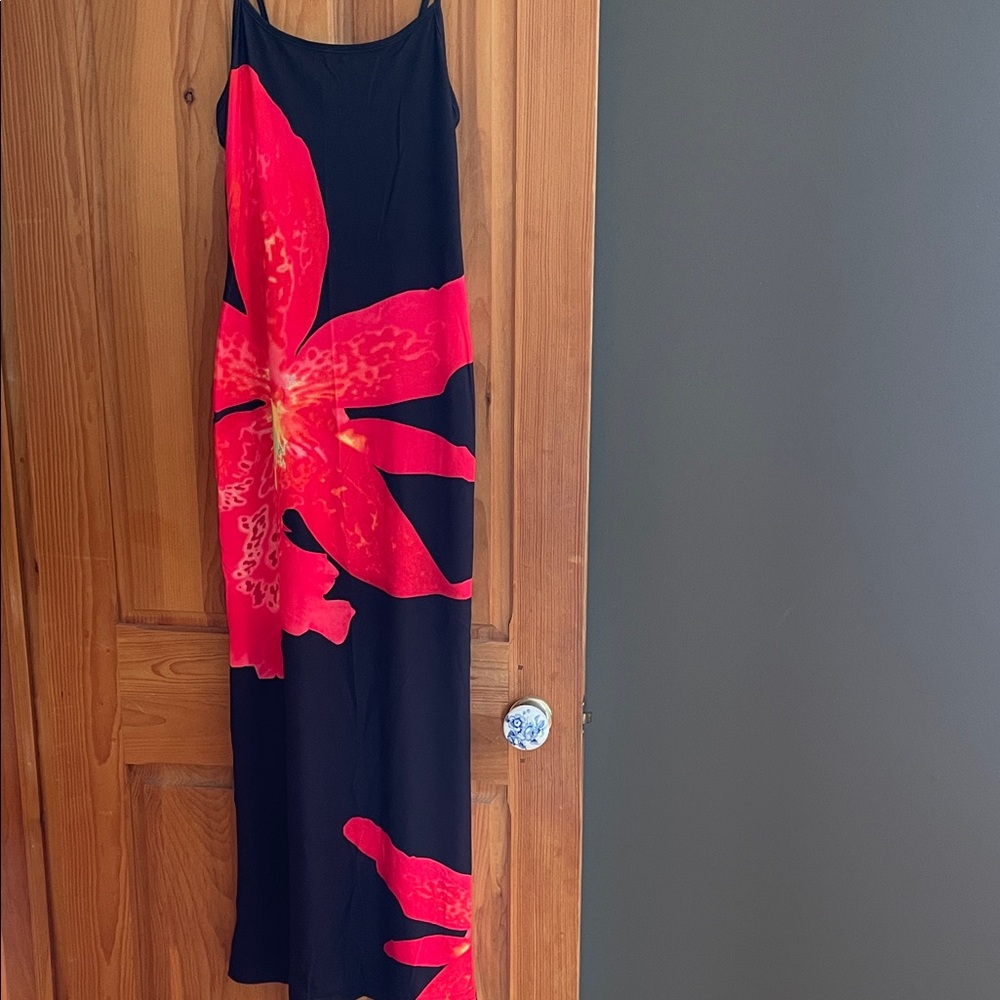M.   Alluring Black Maxi Dress with Large Hot Pink Floral Print
